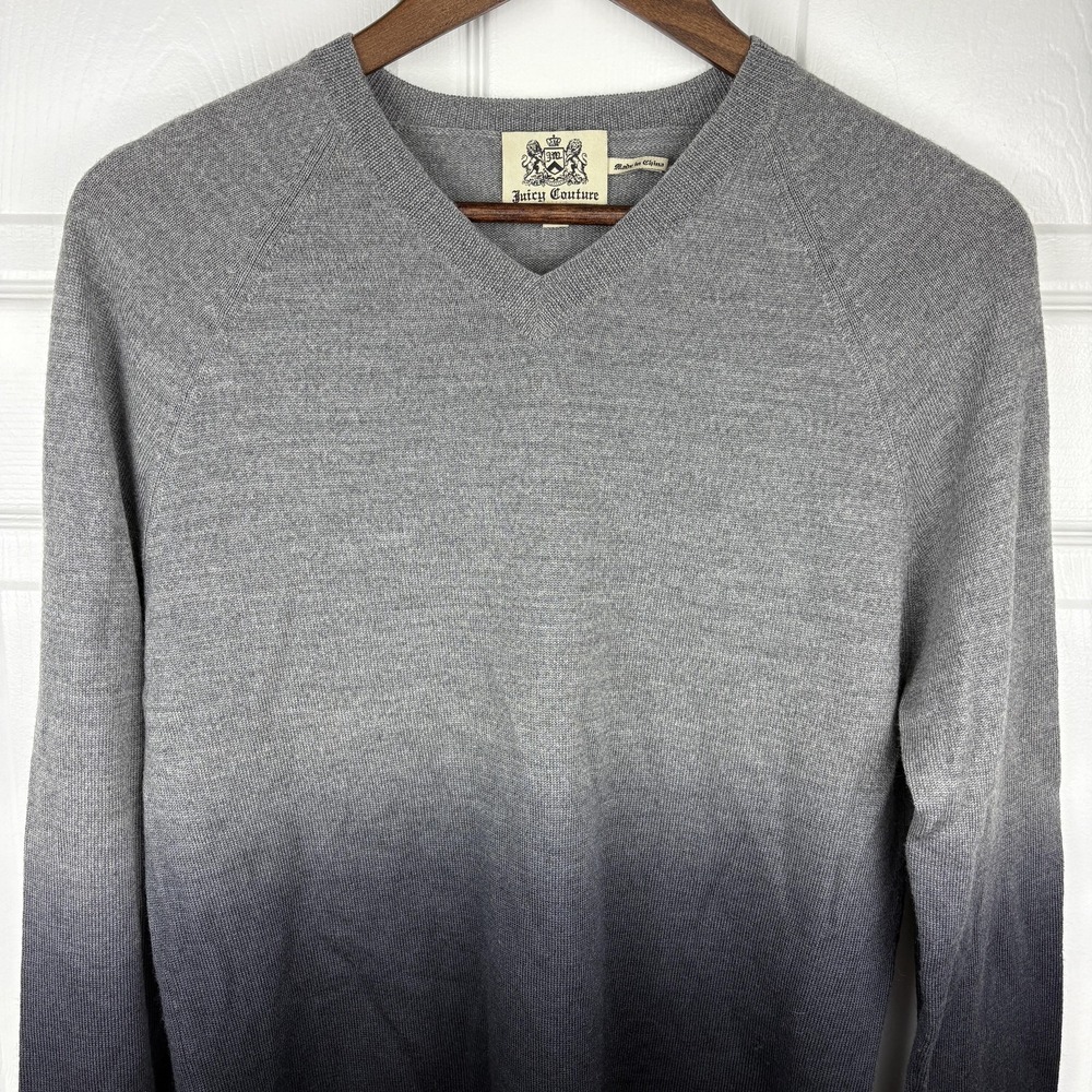 Juicy Couture Sweater Mens Small Gray Ombre V-Neck Long Sleeve‎ Pullover Knit